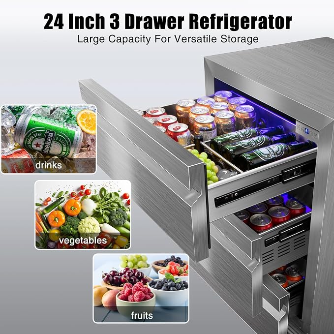 24 Inch Upgraded Three-Drawer Beverage Fridge, Weather Proof Outdoor Stainless - Image 7