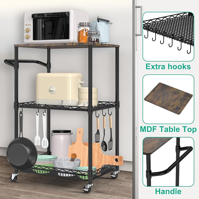 Rolling Kitchen Cart with Wheels, 3 Tier Metal Utility Cart with Wood Tabletop - Image 2
