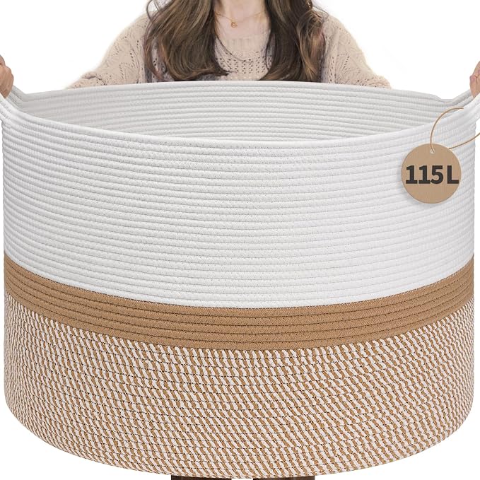 INDRESSME 115L Extra Large Cotton Rope Basket, Woven Baby laundry Blanket Basket by INDRESSME