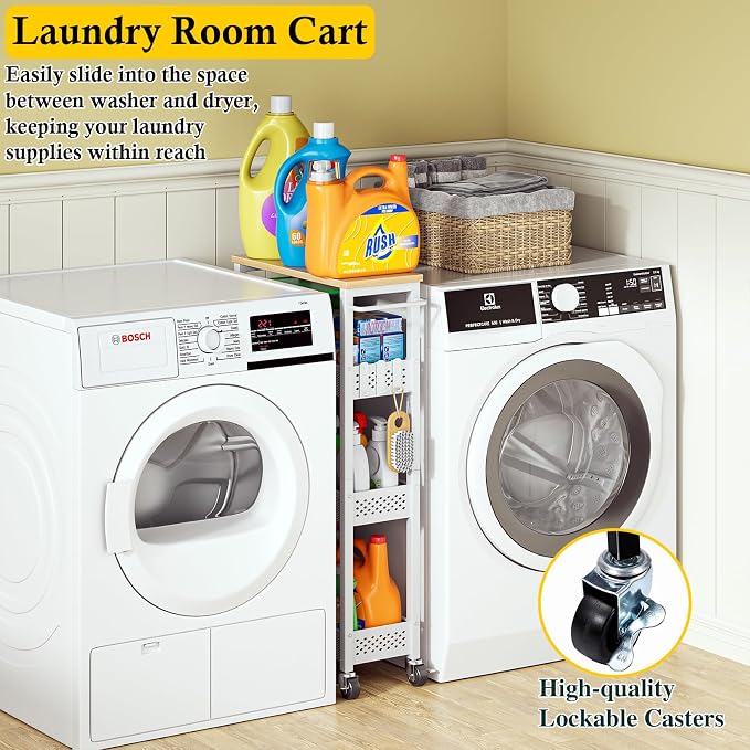 Utility Slim Storage Cart, 4 Tier Small Rolling Kitchen Laundry Room Cart - Image 2