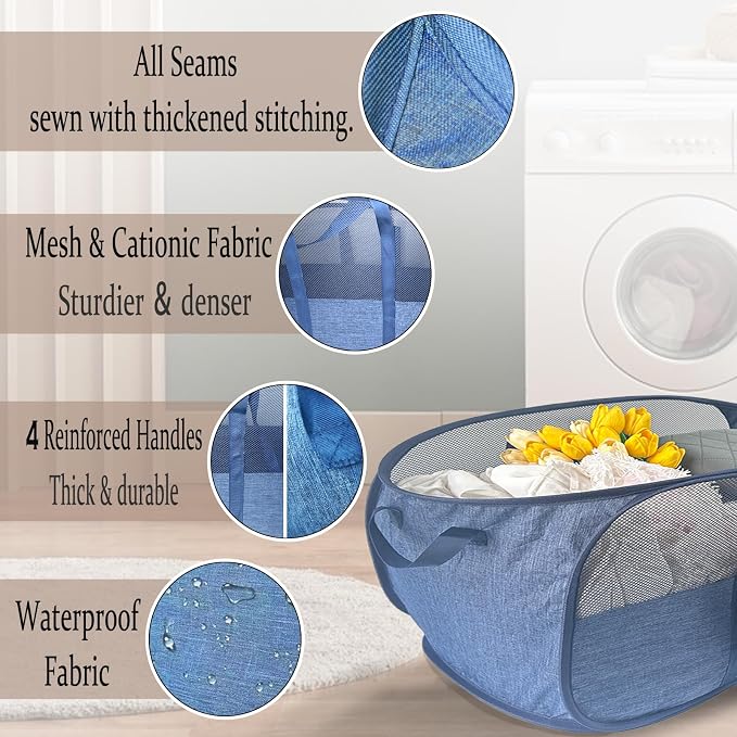 100L Collapsible Laundry Baskets 2 Pack, Extra Large Mesh Pop Up Laundry Hamper - Image 3