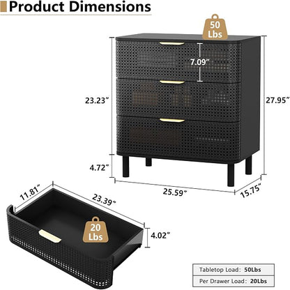 ORRD 3 Drawer Dresser, Modern Iron Rattan Cabinet Dresser - Image 2