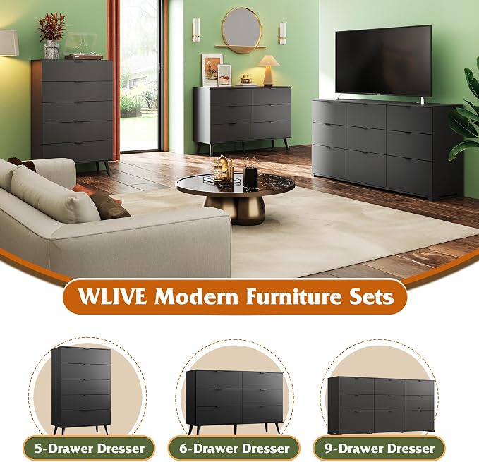 WLIVE Black Dresser for Bedroom, 47.24'' Wide 6 Drawer Wooden Dresser Storage - Image 9