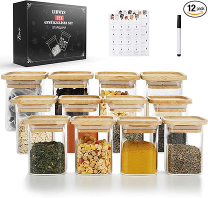 LIBWYS 12pcs Stackable Spice Jars, Square Spice Bottles by LIBWYS