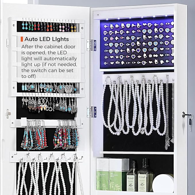 GISSAR Full Length Mirror Jewelry Cabinet, 6 LEDs Jewelry Armoire Wall Mounted - Image 7