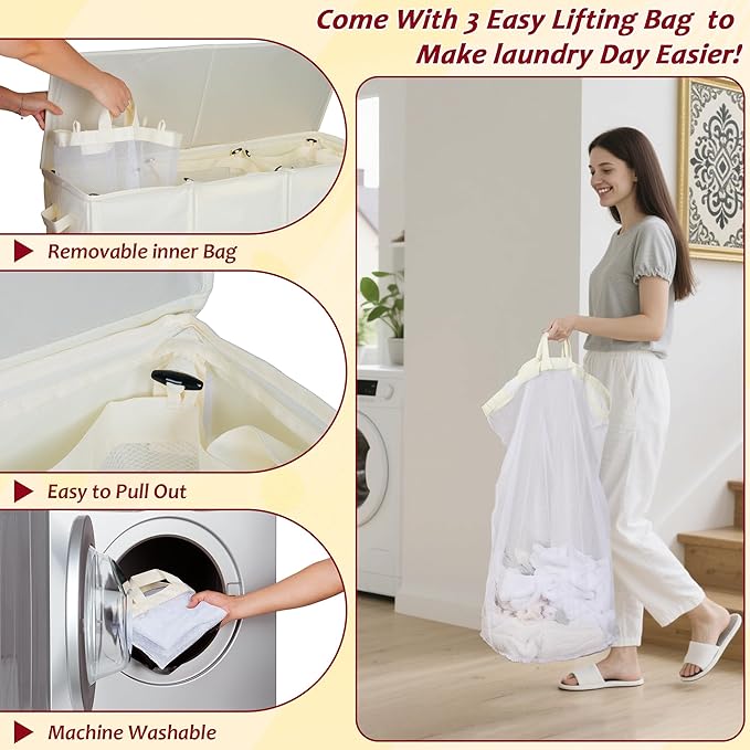 195L Laundry Hamper 3 Section, Large Laundry Hamper - Image 6