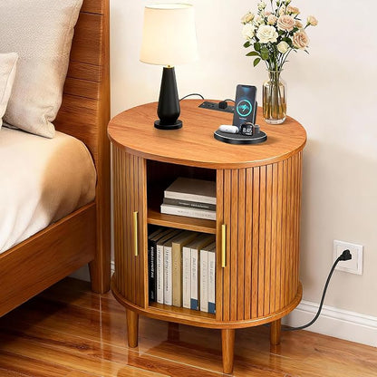Nightstands Set of 2 & Charging Station, Fluted Accent Side Table - Image 4