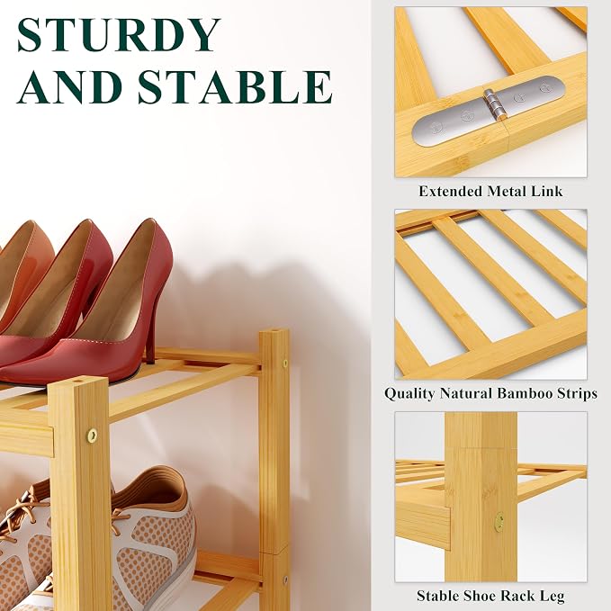 Smiry Bamboo Shoe Rack for Closet, 6 Tier Wooden Stackable Shoe Organizer - Image 3