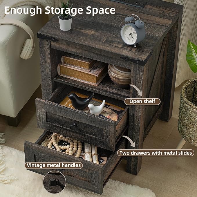 Nightstands Set of 2 with Charging Station, Farmhouse Night Stand with 2 - Image 4