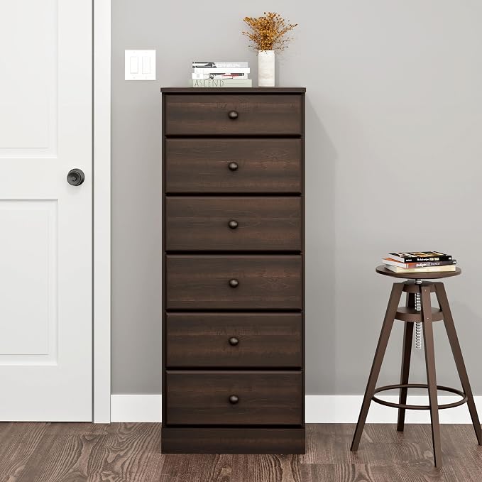 Prepac Astrid Tall Brown Dresser: 16.5"D x 19.75"W x 50"H, 6-Drawer Chest - Image 2