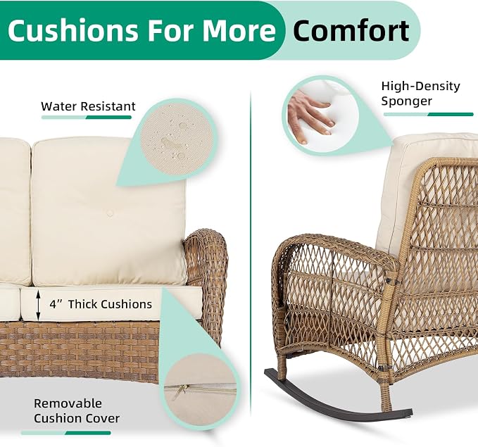 VIVIJASON Outdoor Wicker Loveseat Rocking Chair, 2-Person Patio Rattan Double - Image 6