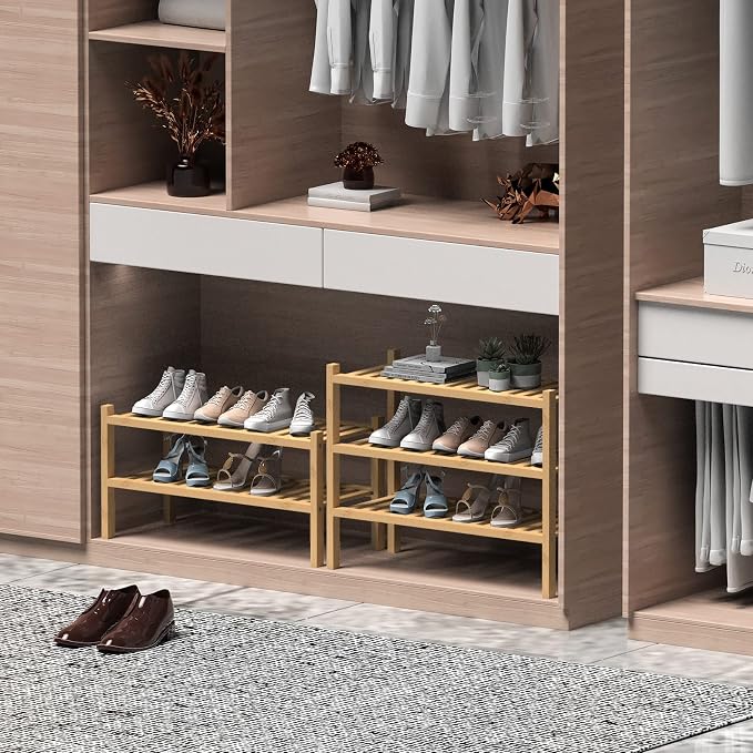 (Thick Bamboo Shoe Rack for Entryway, 2-Tier Free Standing Shoe Racks Stackable - Image 4