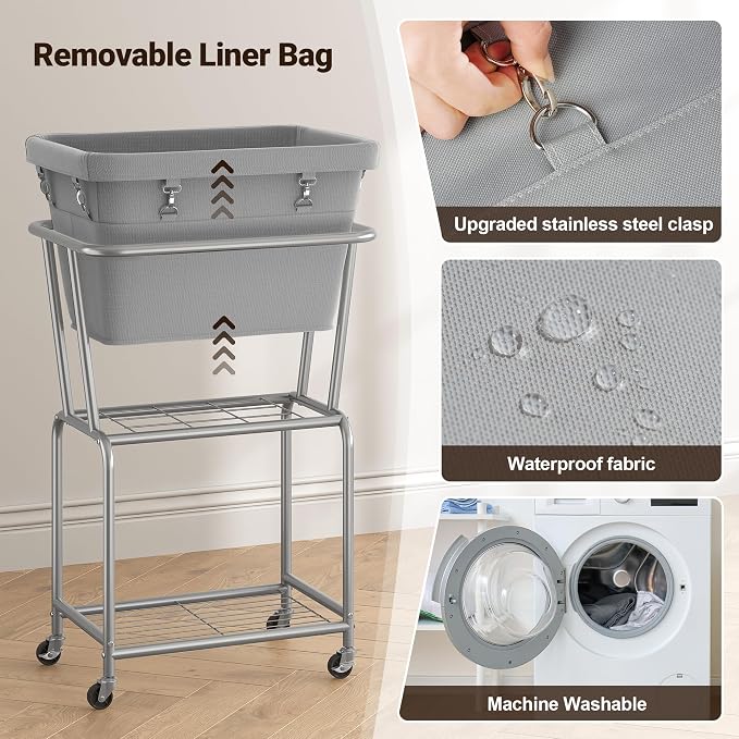 ELYKEN Laundry Cart with Wheels, Rolling Laundry Hamper with Removable Bag and - Image 5