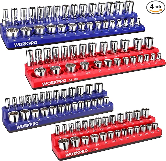 WORKPRO Magnetic Socket Organizer Set, 4-Piece Socket Holder Set Includes 1/4" by WORKPRO