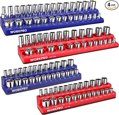 WORKPRO Magnetic Socket Organizer Set, 4-Piece Socket Holder Set Includes 1/4" by WORKPRO