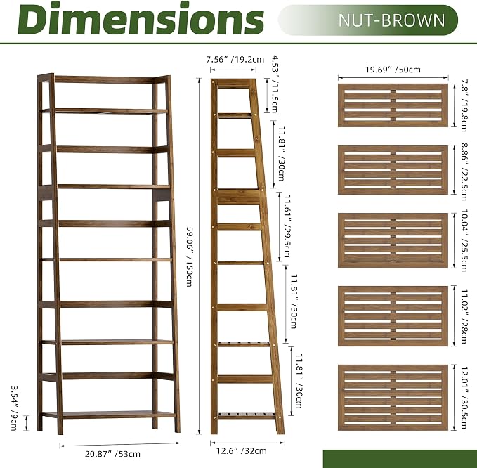 Ladder Shelf, 5-Tier Bookshelf, All Bamboo Heavy Duty Bookcase, Freestanding - Image 3