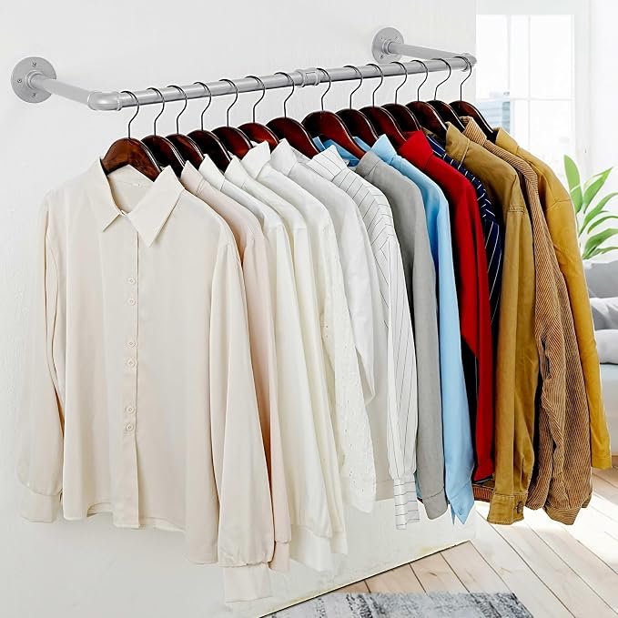 WEBI Industrial Pipe Clothing Rack, Heavy Duty Metal Garment Rack Bar Wall - Image 2