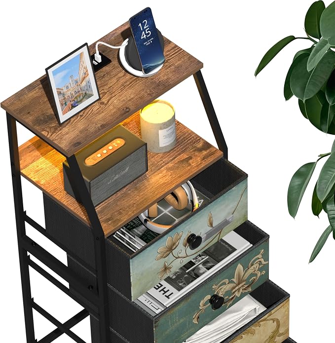 Tohomeor Nightstand with Fabric Drawers Dresser with 2 Tier Shelf Storage Tower - Image 7