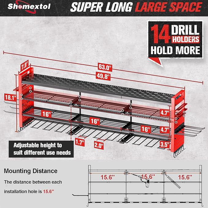 49.8" W Large Power Tool Organizer Wall Mount, Heavy Duty Tool Organizer - Image 2