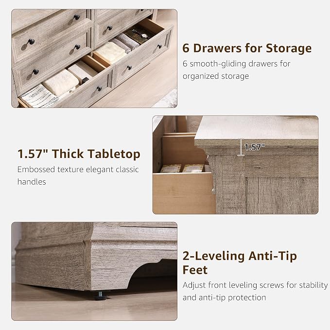 Farmhouse 6 Drawers Dresser for Bedroom, Wooden Dresser TV Stand - Image 5