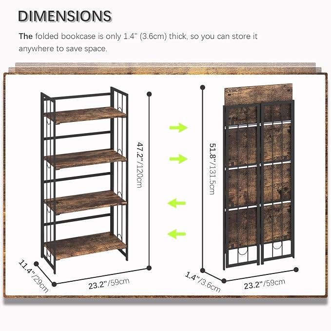 4NM No Assembly 4 Tiers Folding Bookshelf, 47.2" H Foldable Storage Shelves - Image 2