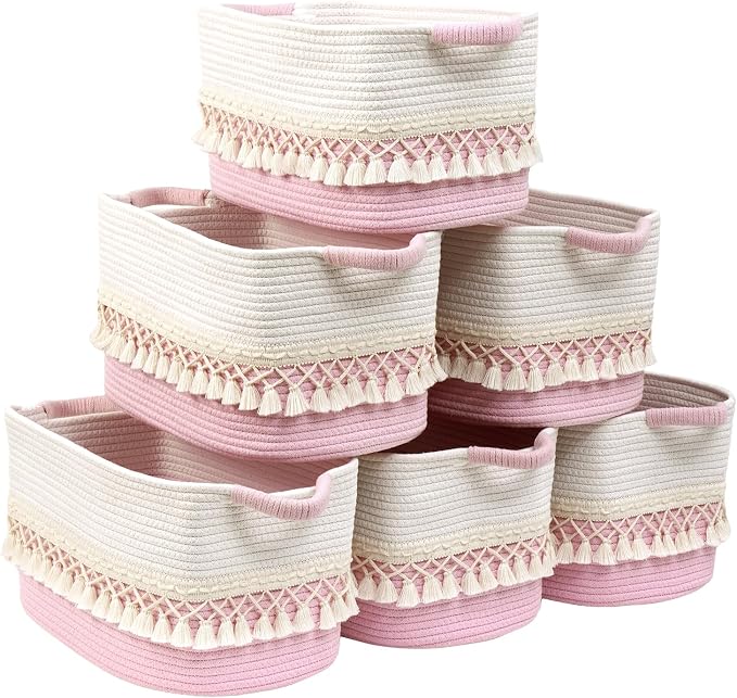 6 Pack Storage Basket for Shelves, Boho Cotton Rope Storage Bins by Degeyoyo