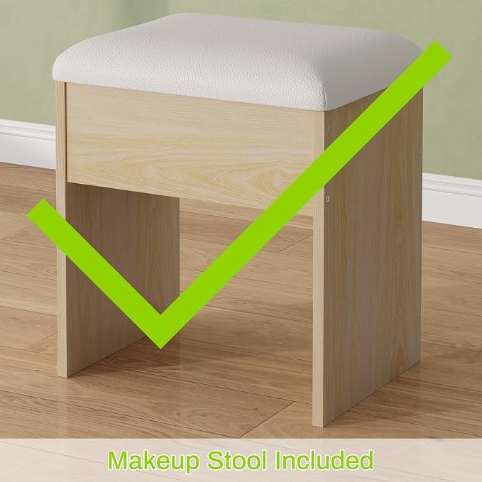 ONME Makeup Vanity Desk with Lights, Natural Wood Fluted Vanity with Tempered - Image 7