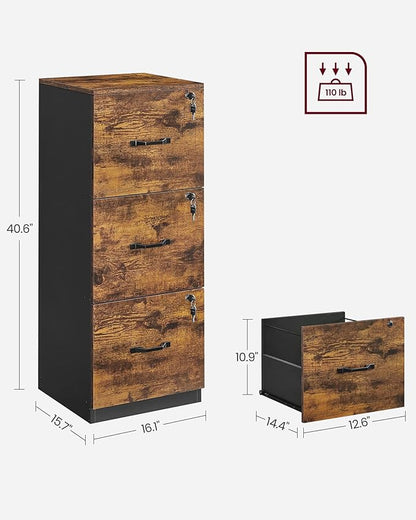 VASAGLE 3-Drawer Vertical File Cabinet, Rustic Brown and Black, - Image 3