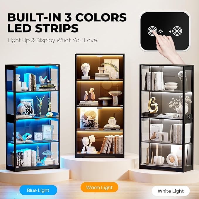 Display Cabinet with Glass Doors, 4-Tier Curio Cabinet with 3 Color Lights - Image 4