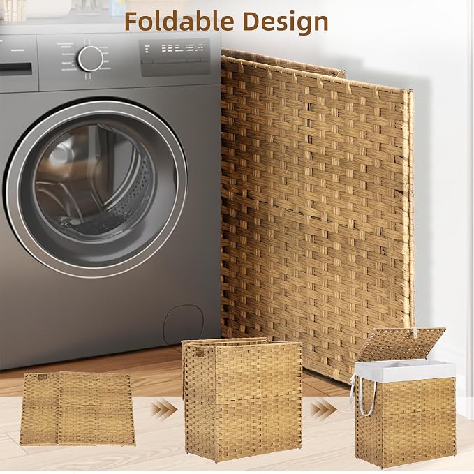 Woven Laundry Basket with Lid, Large Hamper with Removable and Machine-Washable - Image 5