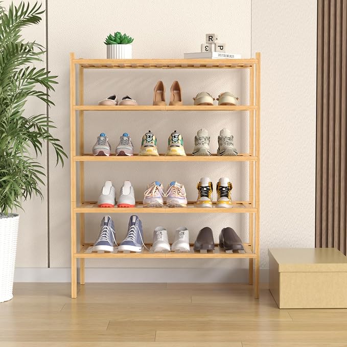 5 Tier Bamboo Shoe Rack for Closet Free Standing Wood Shoe Shelf for Entryway - Image 2