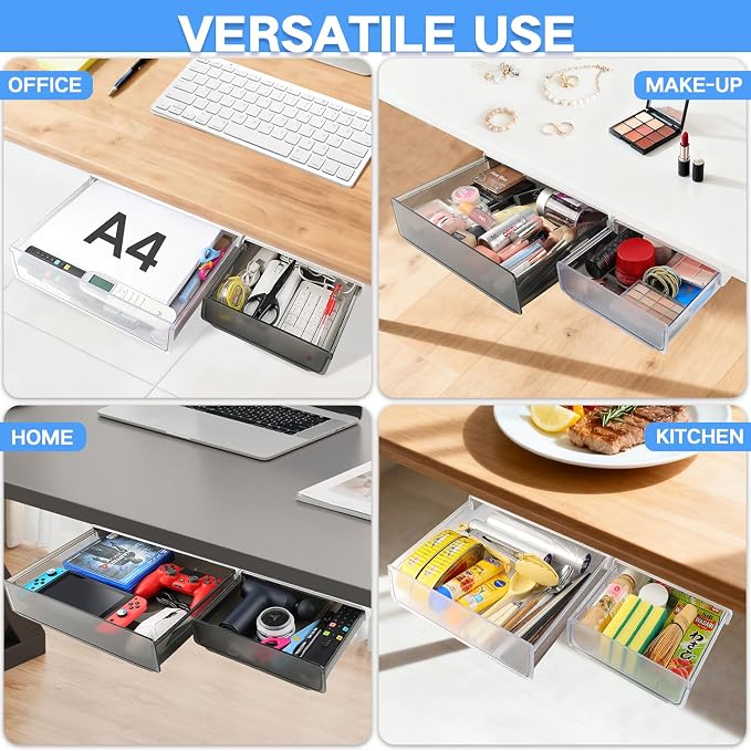 OSPNIEEK Self-adhesive Under Desk Drawer Organizer, 2 Pack Table Hidden Slide - Image 2