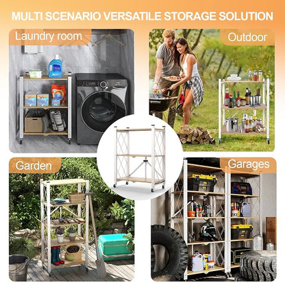 3 Tier Folding Shelf with Wheels, Metal Steel Collapsible Shelves, Folding - Image 8