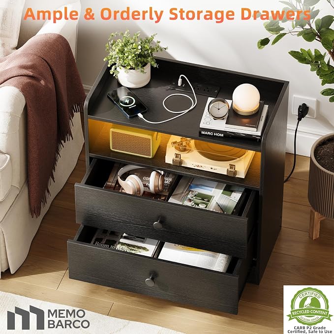 Nightstand with Charging Station and LED Light, Modern Nightstand with USB - Image 6