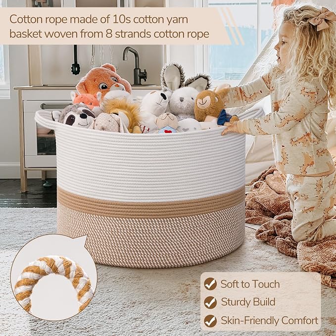 INDRESSME 115L Extra Large Cotton Rope Basket, Woven Baby laundry Blanket Basket - Image 3
