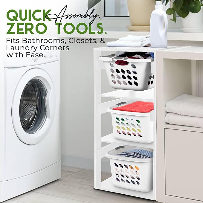 Laundry Basket Holder Shelf – Stackable Engineered Wood Laundry Tower, Tiered - Image 6