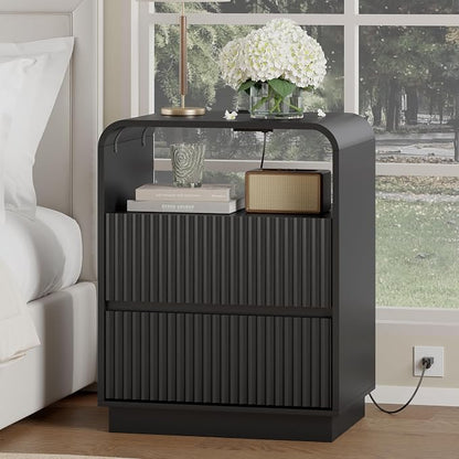 Black Nightstand with Charging Station, Mid Century Modern Bedside Table & End by WODEER