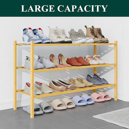 Smiry Bamboo Shoe Rack for Closet, 3 Tier Long Wooden Stackable Shoe Organizer - Image 5