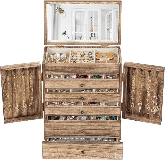 Emfogo Wooden Jewelry Box for Women, 6-Tier Large Jewelry Organizer Boxes by Emfogo