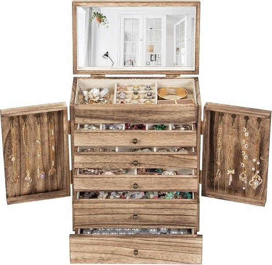 Emfogo Wooden Jewelry Box for Women, 6-Tier Large Jewelry Organizer Boxes by Emfogo