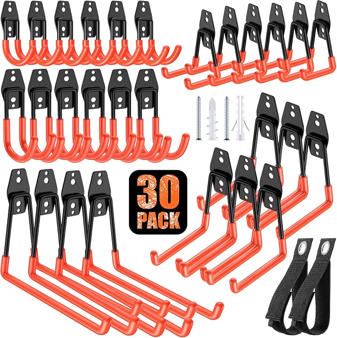 30 Pack Heavy Duty Garage Hooks, Solid Steel Wall Mount Hangers, by MIKRUI