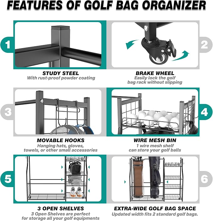 EVERHANGER Golf Bag Storage Organizer, Freestanding Golf Bag Holder Stand - Image 4