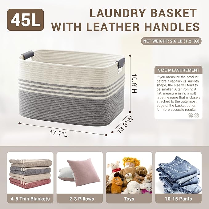 45L Small Laundry Basket with Leather Handles - Image 2
