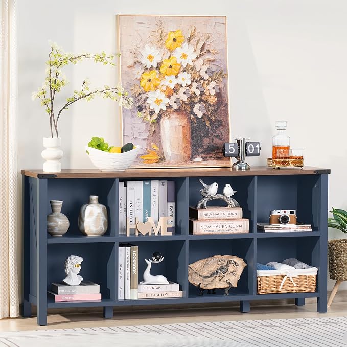 8 Cube Book Shelf, Farmhouse Wood Long Storage Organizer Bookcase, Hallway TV - Image 6