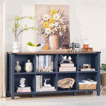 8 Cube Book Shelf, Farmhouse Wood Long Storage Organizer Bookcase, Hallway TV - Image 6