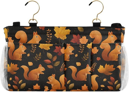 Black Orange Squirrel Leaves Falling Bedside Caddy by QwThum