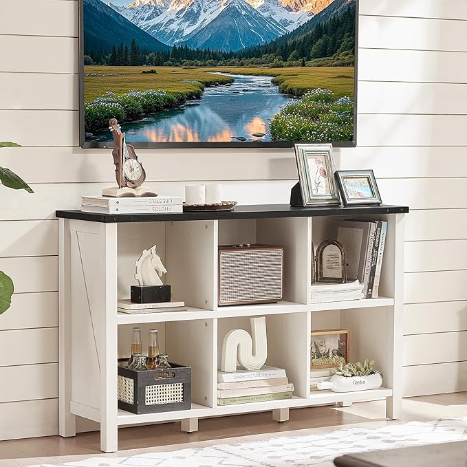 Farmhouse 6 Cube Bookshelf, Antique White & Black Wooden Storage Organizer Book - Image 5