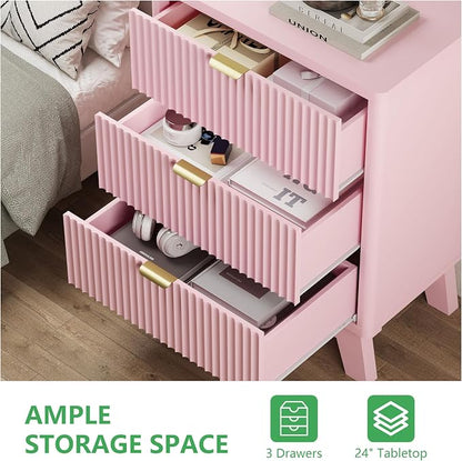 Fluted Nightstand with 3 Storage Drawers, Mid Century Modern Wooden Side Table - Image 4