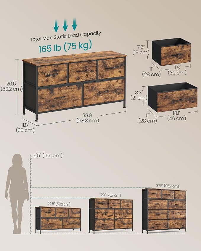 SONGMICS Dresser for Bedroom, Chest of Drawers, TV Stand, 5 Non-Woven Fabric - Image 2