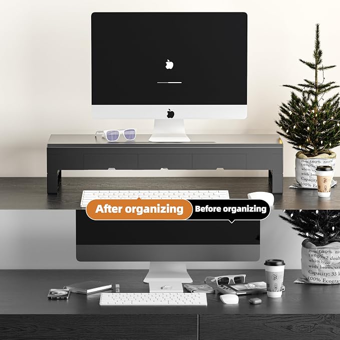 Computer monitor stand with 3 drawer ，Laptop Desk Shelf & Monitor Riser， 27.55 - Image 4
